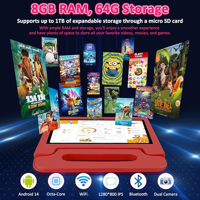 Kids Tablet, 10.1 inch IPS HD Touchscreen Android 14 64 GB Storage, 8GB RAM, Octa Core Tablet for Kid with Kid-Proof Case, Parental Controls, 12-hr Battery, WiFi, GPS – Red