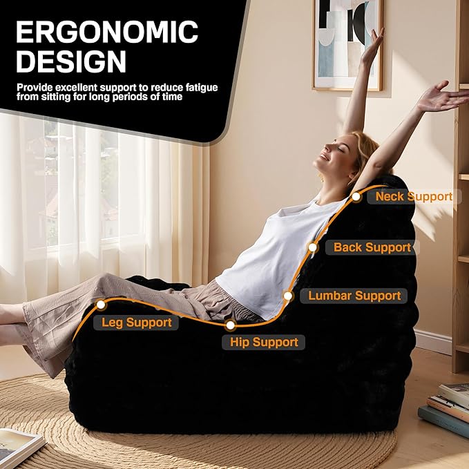 Modern Bean Bag Chair, Large Bean Bag Couch for Adults with Memory Foam Filled, Soft Faux Bunny Fur Lazy Chair for Living Room Bedroom Dorm Apartment, No Assembly Required, Black
