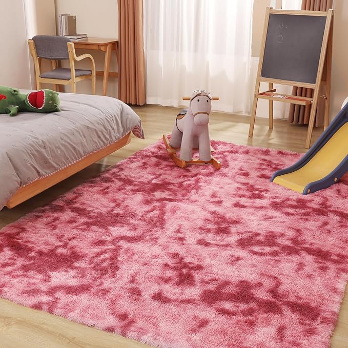 Luxury 3x5 Area Rug, Ultra Soft Rugs for Living Room, Plush Carpet Rugs for Bedroom, Non-Slip Indoor Rug for Nursery, Study Room, Playroom, Home Decor, Tie-Dyed Dark Pink