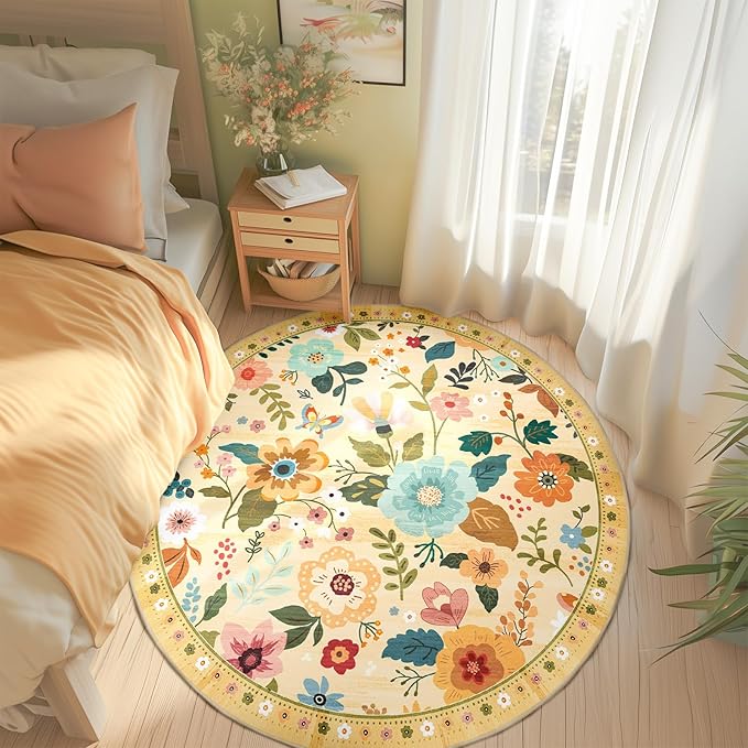 Floral 6ft Area Rug Machine Washable Soft Print Boho Carpet Non Slip Doormat Low Pile Flower Area Rugs for Living Room Bedroom Nursery Kitchen Dining Room Indoor-Ivory/Yellow