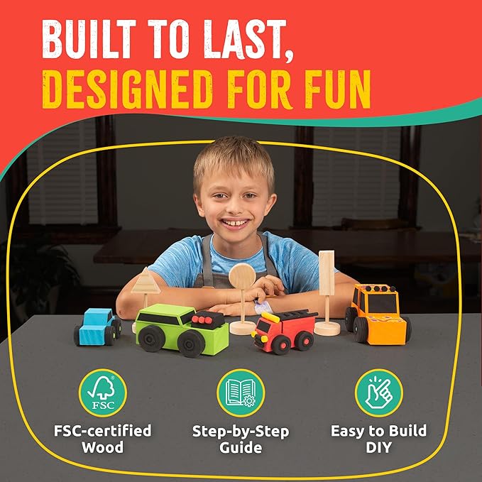 DIY Wood Building Kits, STEM Woodworking Kit for Kids, Creative Fun Craft Projects, Great Gift for Boys & Girls (Wooden Cars, 1-Pack)