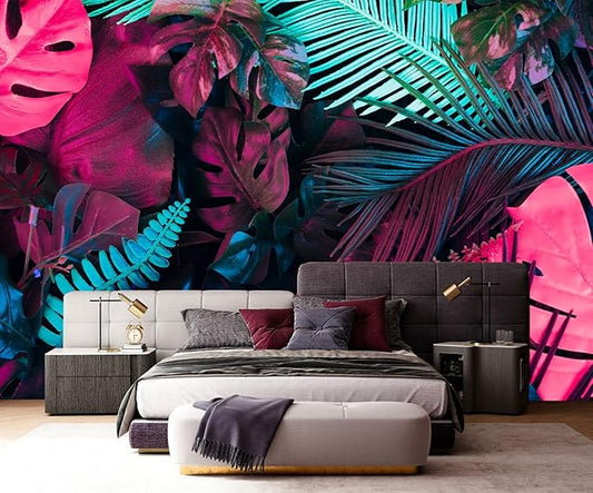 Tropical Plant Rose Red Banana Leaf Fabric Wallpaper Mural for Bedroom Living Room Basement(Not Self-Adhesive)