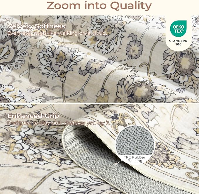 Washable Area Rug 5x7 for Living Room & Bedroom, Large Neutral Floral Rugs, Soft & Non Slip, Low Pile Wool Carpets for Indoor Under Table Dining Home Office Nursery Playroom, Beige