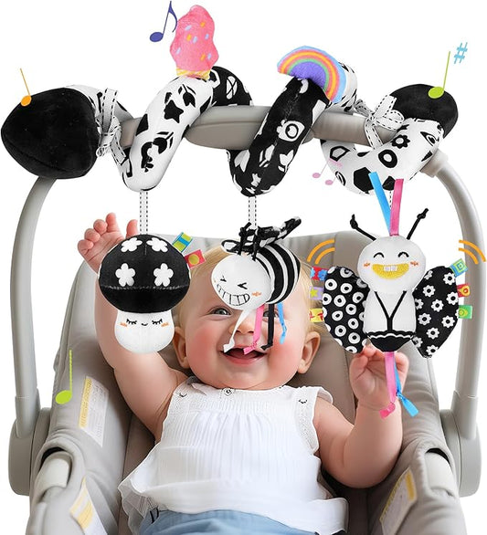 Spiral Car Seat Toys for Babies, 0-6 Months Stroller Pram Activity Hanging Toys High Contrast Black and White Sensory Toy, Newborn Soft Plush Travel Toy for Newborn Boys Girls Gift