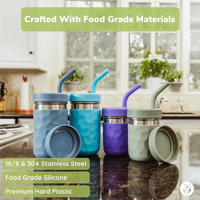 WeeSprout 2-in-1 Drinking Cups for Kids, Durable Stainless Steel Tumbler for Smoothies, Silicone Straws with Stoppers, Premium Plastic Twist Lids, Easy-Grip Sleeves, Set of 4 Dishwasher Safe Kid Cups