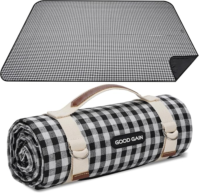 Picnic Outdoor Blankets Waterproof Extra Large - Beach Mat Sand Free Foldable with Carry Strap | Portable Camping Blanket | Park Blanket for Grass Park, Hiking, Travel, Concerts, Indoor (Black)