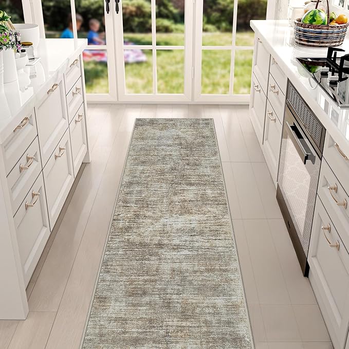 Runner Rug 2'6''x8' Kitchen Runner Rug: Modern Abstract Washable Area Rug with Non-Slip Backing, Thin Long Carpet Runner for Hallway, Bedroom, Laundry Room-Brown