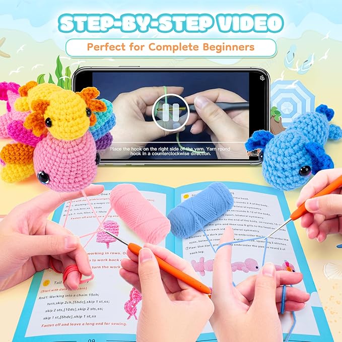 Crochet Kit for Beginners-3PCS Axolotl Crochet Kits for Adults Kids, Crochet Starter Kit with Step-by-Step Video Tutorials, Crochet Animals Kits DIY Craft Knitting Kit Learn to Crochet Kits for Adults