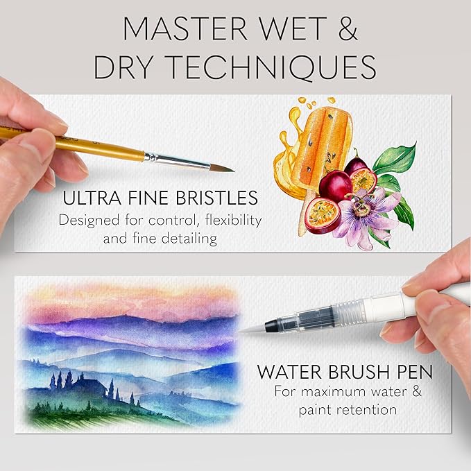 CHROMATEK Watercolor Paint Set – 50 Vivid Colors Including Transparent, Opaque & Pastel – Art Kit with Brush, Water Pen, Palette, Color Chart, Swatch Sheets, Pad & Metal Travel Case