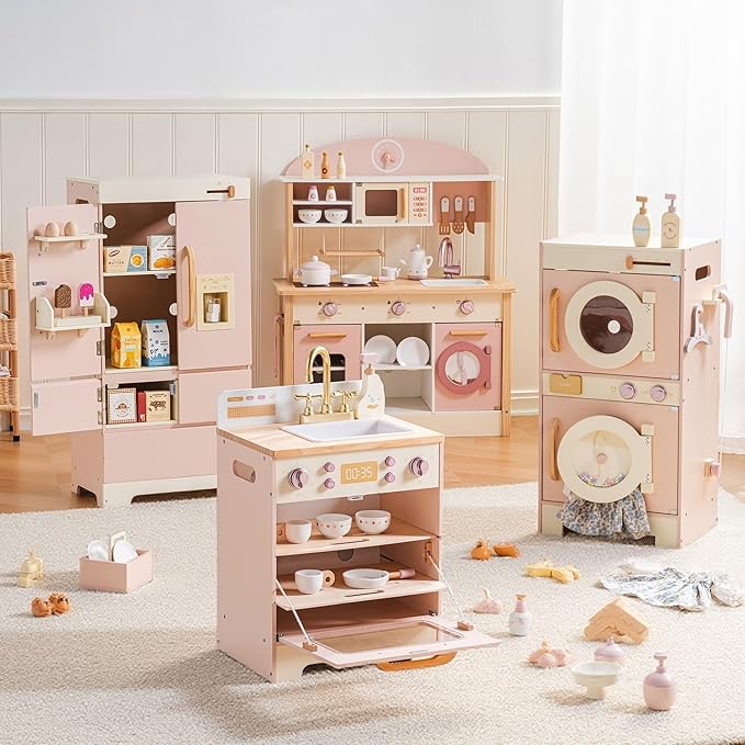 ROBOTIME Wooden Kids Play Kitchen – 4-in-1 Toddler Play Kitchen Set with Fridge, Washer & Dishwasher – Wooden Corner Cooking Playset for Boys & Girls Ages 3+