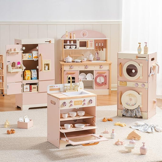 ROBOTIME Wooden Kids Play Kitchen – 4-in-1 Toddler Play Kitchen Set with Fridge, Washer & Dishwasher – Wooden Corner Cooking Playset for Boys & Girls Ages 3+