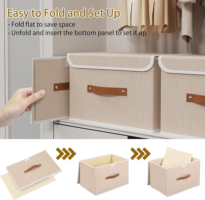 Yawinhe Collapsible Storage Boxes, Linen Fabric Baskets, Bin with lid and Leather Handle, Washable, for Home, Closet, Beige, 17.7''Lx11.8''Wx11.8''H, 5-Pack, USNK024BEX-5