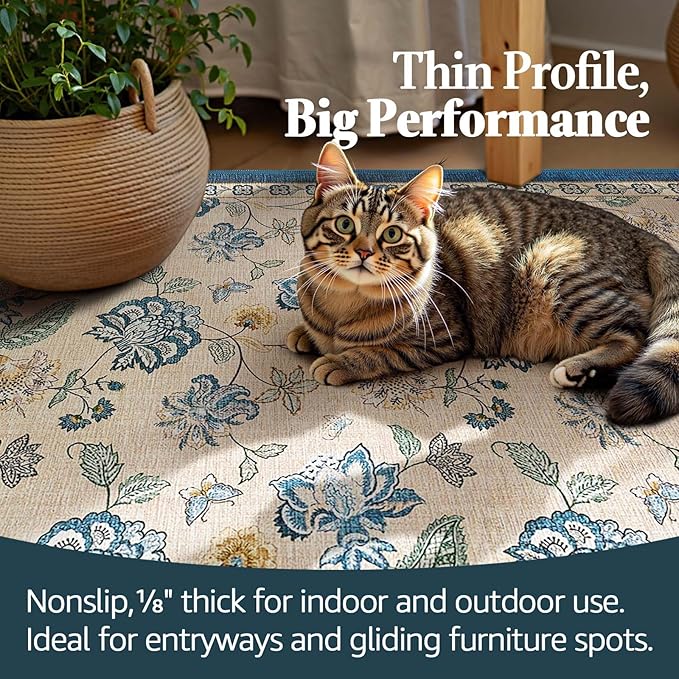 jinchan 3x8 Floral Runner Rug for Hallway Washable Kitchen Runner Vintage Romance Design Non Slip Thin Indoor Floor Cover Low-Profile Throw Carpet for Entryway Bathroom Bedroom Porch, Blue/Beige