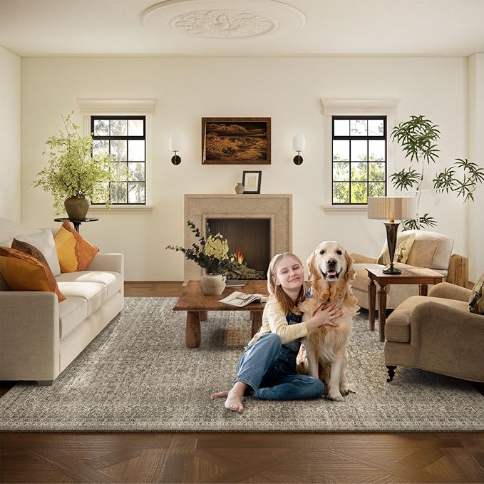Washable Area Rugs for Living Room: 9x12 Bedroom Rug Vintage Large Rugs Stain Resistant Non Slip Low Pile Soft Lightweight Carpet for Kitchen Dining Room Farmhouse Nursery Kids Room