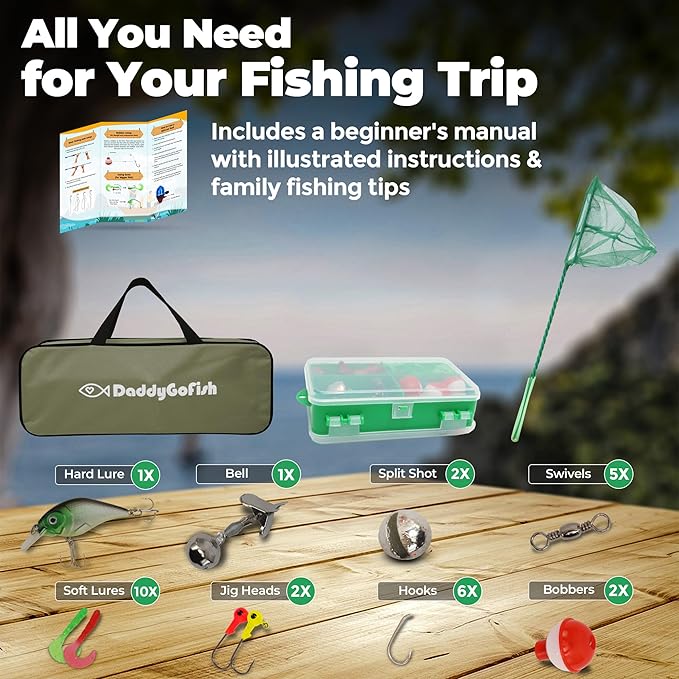 DaddyGoFish Kids Fishing Pole - Rod Reel Combo Tackle Box Starter Set - First Year Small Gear Kit for Boys Girls Toddler Youth Age Beginner Little Children