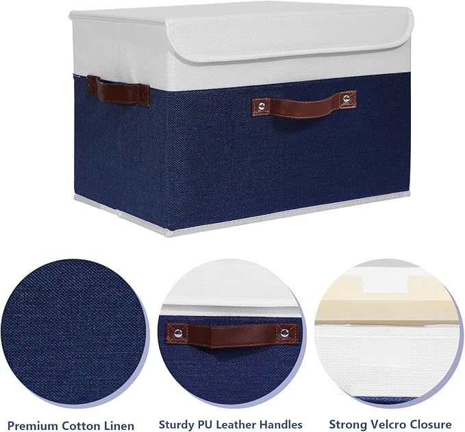 ANMINY Storage Boxes with Lids Washable Decorative Storage Bins Basket with PU Leather Handle Foldable Linen Fabric Storage Cubes Containers for Home Closet Organizer - Deep Blue White, Large Size