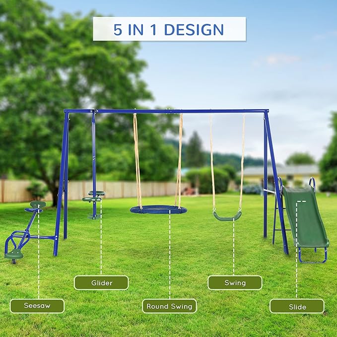 Outsunny Swing Set for Backyard, 5 in 1 Heavy-Duty A-Frame Stand Outdoor Playset for Kids with 29.5" Saucer Swing, Slide, Seesaw, Glider, Swing Seat, Blue
