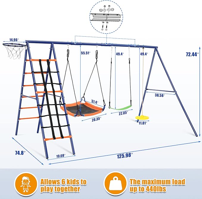 Swing Set for Backyard - 6 in 1 Multifunction Kids Swing Set Heavy Duty 550 lbs Outdoor Extra Large Metal Swing Frame with 3 Adjustable Swings Climbing Net Ladder Basketball Hoop