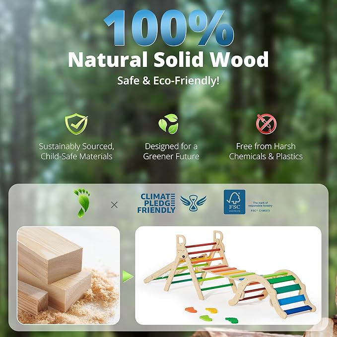 BlueWood 10-in-1 Pikler Triangle Set, Toddler Climbing Toys Indoor, Montessori Climber, Baby Jungle Gyms with Arch, Extra Rope Ladder & Footprint Balance Beam - Neon Aurora