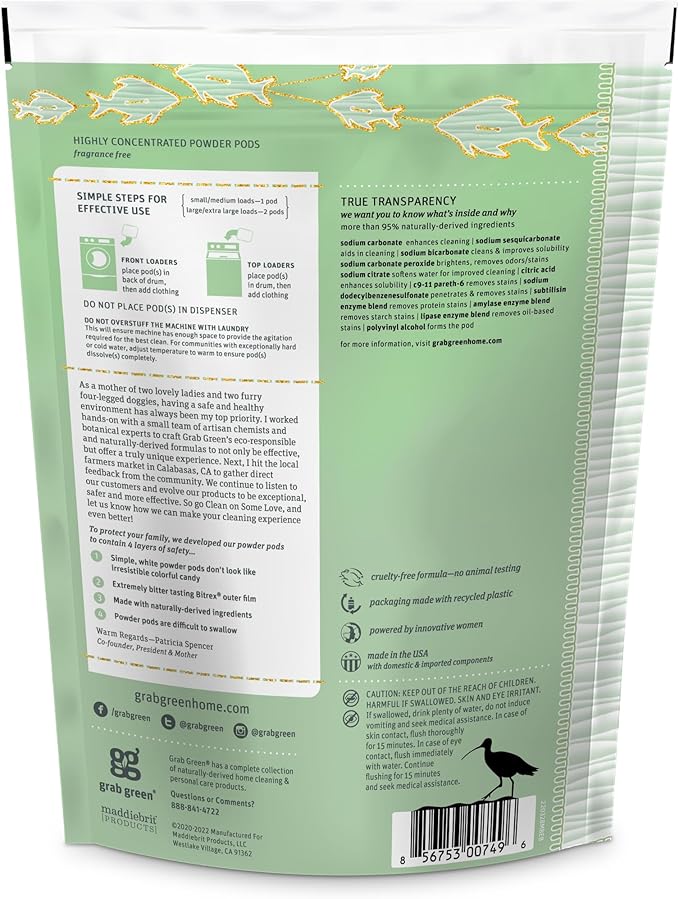 Grab Green Newborn Baby Laundry Detergent Pods, 30 Loads, Fragrance Free, Mineral Based, Non-Toxic, Stain Remover