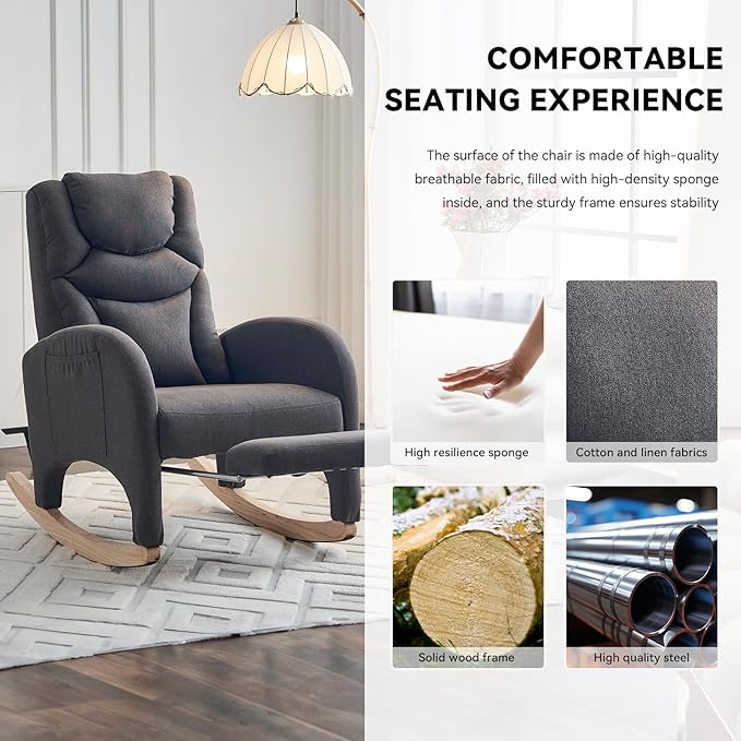 Rocking Chair Nursery, Modern Glider Chair with Adjustable Footrest and Solid Wood Legs, High Backrest Nursery Chair with Side Pocket, Rocker Armchair for Living Room Bedroom, Cotton Linen Dark Gray