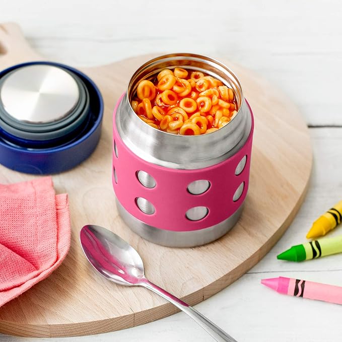 LunchBots Thermal 8 oz Triple Insulated Thermos - Hot 6 Hours or Cold 12 Hours - Leak Proof Thermos Soup Jar - All Stainless Interior - Navy Lid - Pink Dots