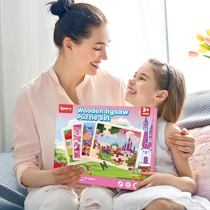 SYNARRY Large Unicorn Mermaid Princess Fairy Wooden Kids Puzzles 4 in 1 Gift Box(12.2 * 9.4 in) - FSC Certified, Wood Puzzles for Kids Ages 4-6, Toys Gifts for 3 4 5 Year Old Toddlers Girls