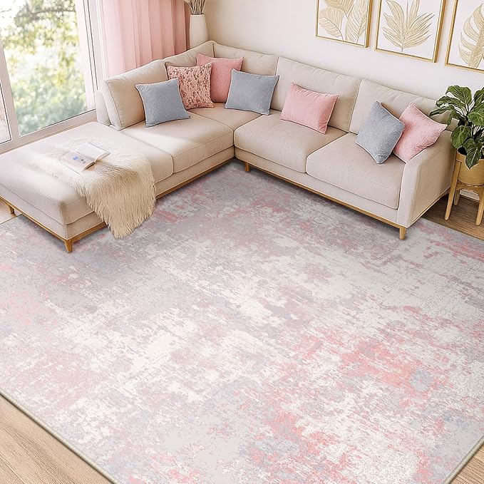 Washable Area Rugs 3'x5' Non-Slip Modern Abstract Soft for Living Room Entryway Bedroom Nursery, Print Pattern, Grey Pink