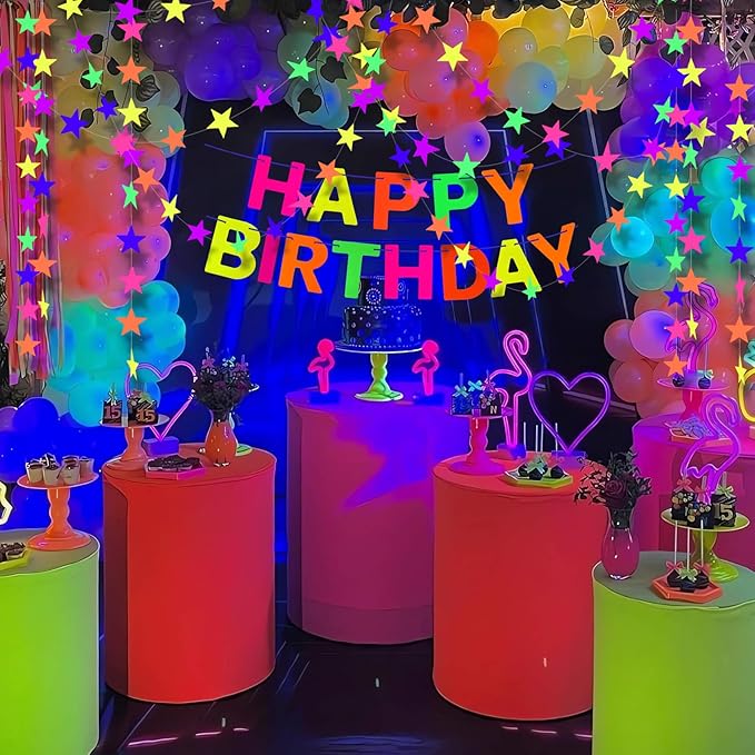 108feet UV Neon Paper Star Garland Glow in The Dark Streamers for neon Party Supplies UV Fluorescent Reactive Paper Star Banner for Wedding Birthday Glow in The Dark Party Favors Neon Party Decor…