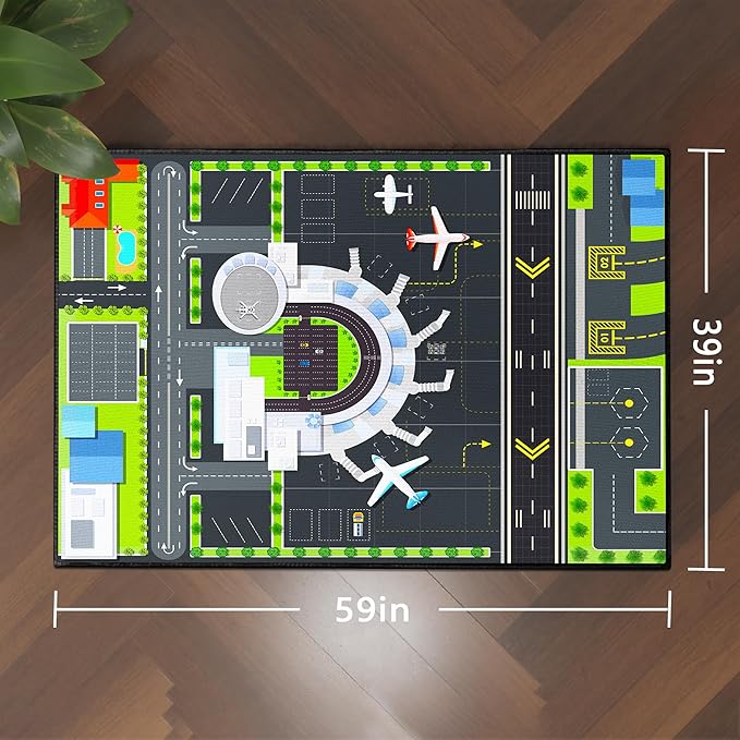 Play Rug for Playroom 59"x39" Airport Carpet for Kids Bedroom with Combined City Road Traffic System Aircraft Runway Playmat Rugs Carpet Non-Slip Washable Area Mat