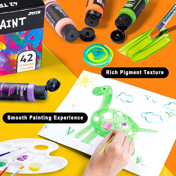 JOYIN Washable Tempera Paint Set for Kids 42PCS, Non Toxic Liquid Paint with 15 Brushes and 4 Palettes - Art Supply for Kids for Arts and Crafts Project, Finger Painting (2 oz Each)