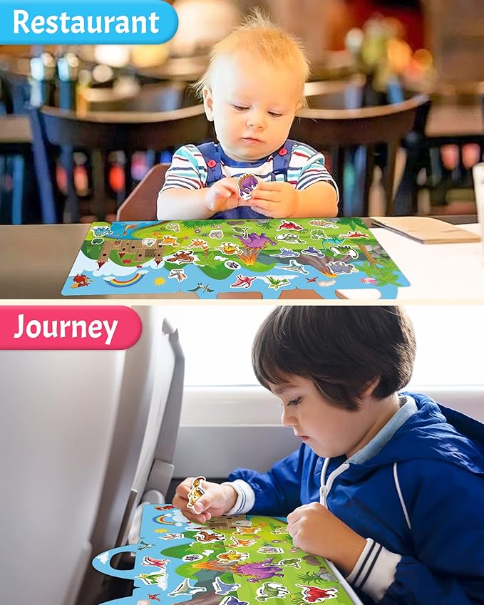 Benresive Reusable Sticker Book for Toddlers 2-4 Years, Fun Travel Stickers for Kids, Waterproof Sticker Books for Toddlers 1-3, Crafts Activities for Todddlers 1-3 2-4 3-5 - Dinosaurs