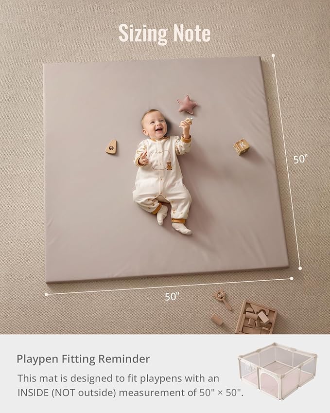 Blissful Diary Vegan Leather Baby Play Mat, 50x50 Thicken Foam Cushioned & Waterproof Playpen Mat for Infants and Toddlers, Stylish and Just Wipe-Clean Playmat for Baby Play on Floor, Taupe