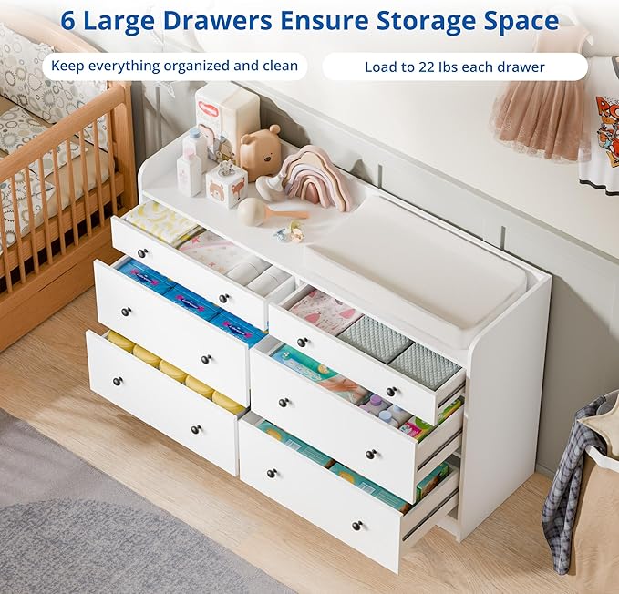 Cozy Castle Baby Dresser with 6 Drawers and Large Table Top, Multi-Functional Chest of Drawer, Drawer Dresser with Three-Sided High Rails for Nursery, Children's Room, Bedroom, White