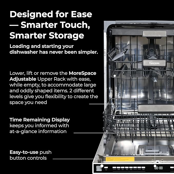 Kenmore 22-14629 24" Built-in Dishwasher-Quiet Tub with TurboDry, Leak, & SmartWash Soil Detection-15 Place Settings-49 DBA-Energy Star Certified, 24.61"D x 23.55"W x 33.88"H, Black