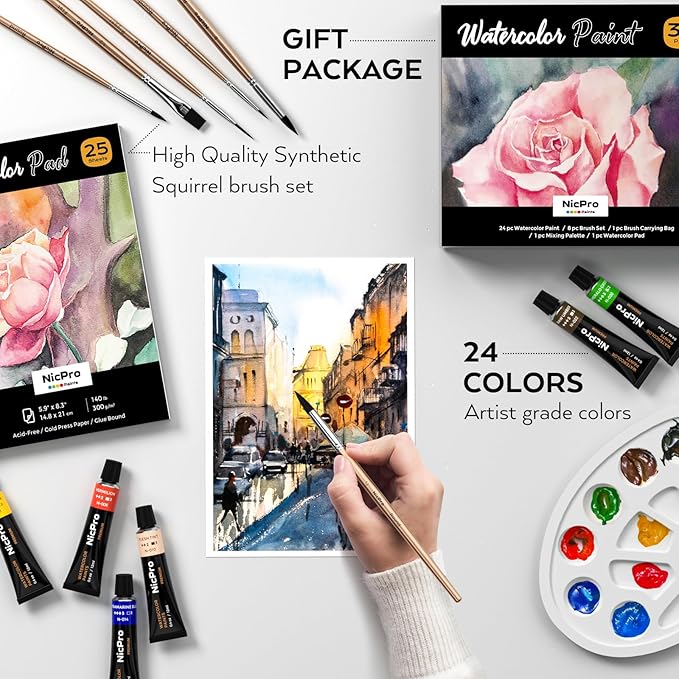Nicpro Watercolor Paint Set for Adults, Beginner & Artists, 24 Tubes Water Color Paint Set with 25 Watercolor Paper, 8 Squirrel Paint Brushes, Palettes, Color Wheel, Art Painting Supplies
