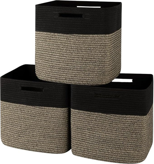 OIAHOMY 13 Kallax Inch Cube Storage Bins, 3-Pack Cotton Rope Woven Baskets for Organizing, Kallax Insert Storage Baskets for Shelves, Baby Nursery, Closet Organizer, 13*13*12.6IN, Black & Mixed Brown