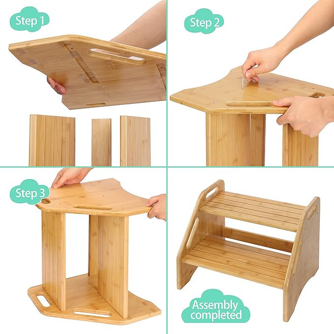 AMBIRD Wooden Step Stool, Two Step Stools Toddler 300 lbs Capacity with Safety Non-Slip Pads and Handles, Bamboo Step Stool for Bathroom, Kitchen Dual Height Step Stools for Kids (Natural)