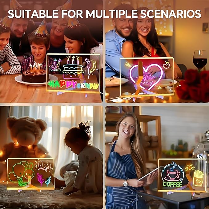 Led Drawing Board, Acrylic Dry Erase Board with Bracket, 15.7" X 11.8" Glow Writing Board, Led Note Board Comes with 7 Drawing Pens and 5 Cartoon Doodle Paper for Office School Home