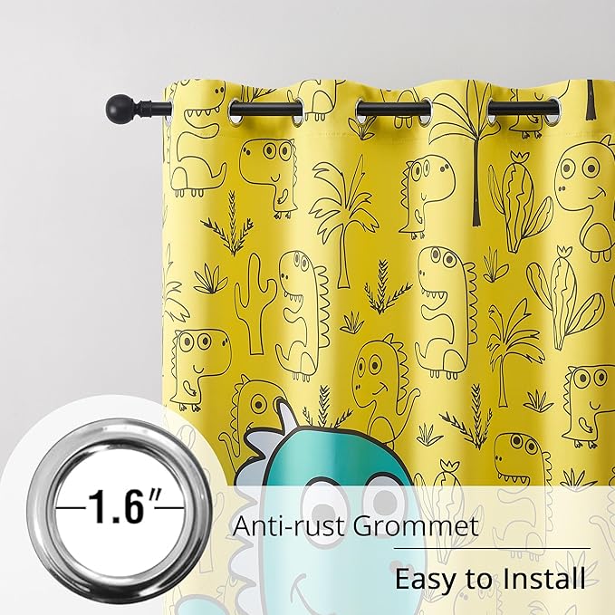 Dinosaur Blackout Curtains for Kids Room - 2 Panels, Each W52×L84, 100% Blackout, Thermal Insulated, Noise Reducing, Perfect for Kids Room and Nersury