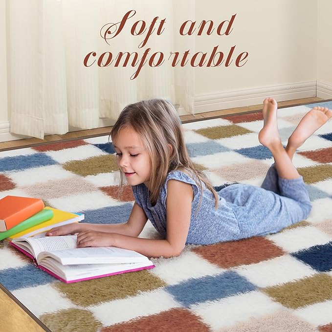 Super Soft Rug for Bedroom, 8x10 Ft Rainbow Area Rug Classic Checkered Shaggy Rug Anti-Skid High Pile Soft Fluffy Fuzzy Carpet for Living Room Bedroom Kids Room Nursery, Dorm Home Decor
