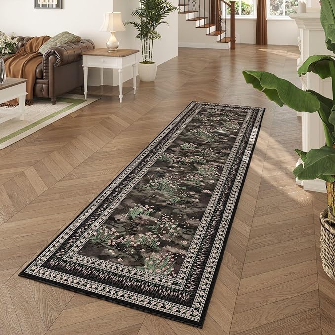 2x6 Runner Rug Impressionist-Style Vintage Kitchen Rugs Non Slip Washable Soft Carpet Runner for Kitchen Laundry Bedroom Bathroom, Black