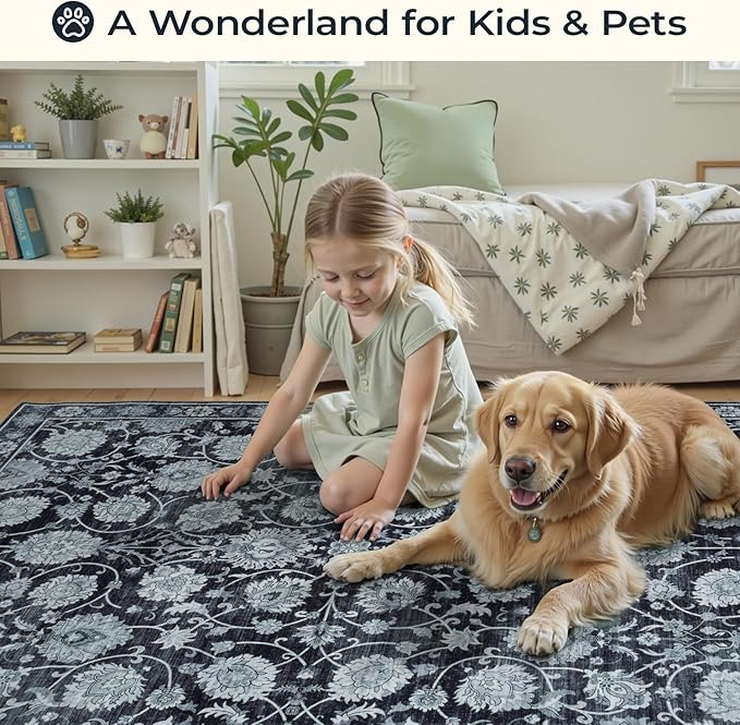 Black 9x12 Area Rug for Living Room, Washable Large Rugs, Vintage Floral Soft Carpet, Non Slip & Low Pile, Wool Carpets for Indoor Bedroom Dining Home Playroom Office Under Table, Black