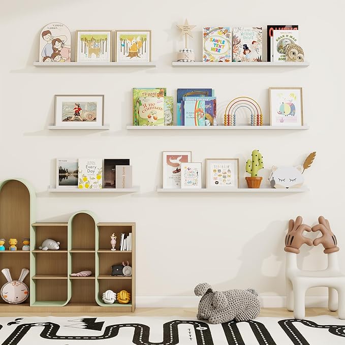 Picture Ledge Shelf, Solid Pine Wood Floating Shelves Set of 2, 48 Inches Nursery Book Shelves for Toys Storage, Kids Bookshelf Wall Mounted for Living Room Bedroom Decor Books Photo Frames, White