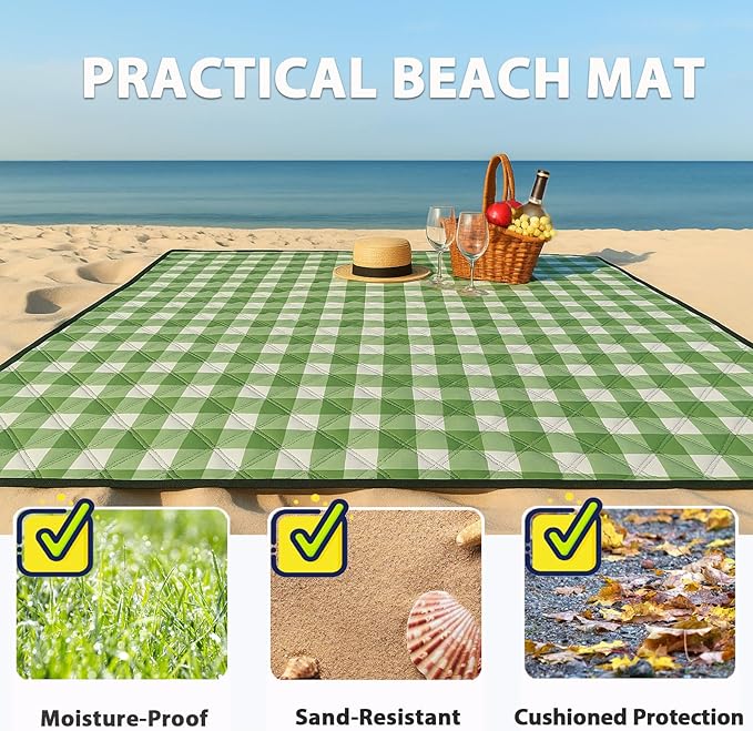 TigeJoy Small Picnic Blanket Waterproof 60x60, 5-Layer Thick Beach Blanket Sandproof, Gingham Picnic Blanket Outdoor Picnic Mat for Beach, Park, Grass, Travel, Hiking, Camping Essentials