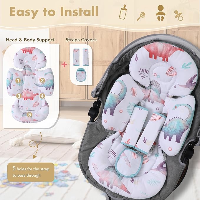 Infant Car Seat Insert, 2-in-1 Head & Body Carseat Support for Baby Newborn Toddler with Strap Covers, Reversible Ultra-Soft Cushion for Baby Carseat, Stroller, Swing & Bouncer