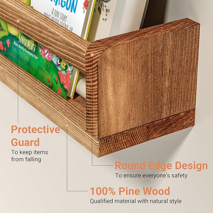 Heimlove Nursery Floating Shelves - 32 inch Solid Wood Wall Mounted Book Shelves for Kids, Set of 3