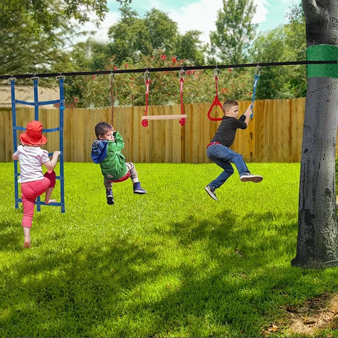 Slsy Ninja Warrior Obstacle Course for Kids, 50FT Durable Ninja Slackline Kit with 8 Accessories, Playset Equipment for Boys & Girls with Swing, Climbing Net, Ladder & Monkey Bars