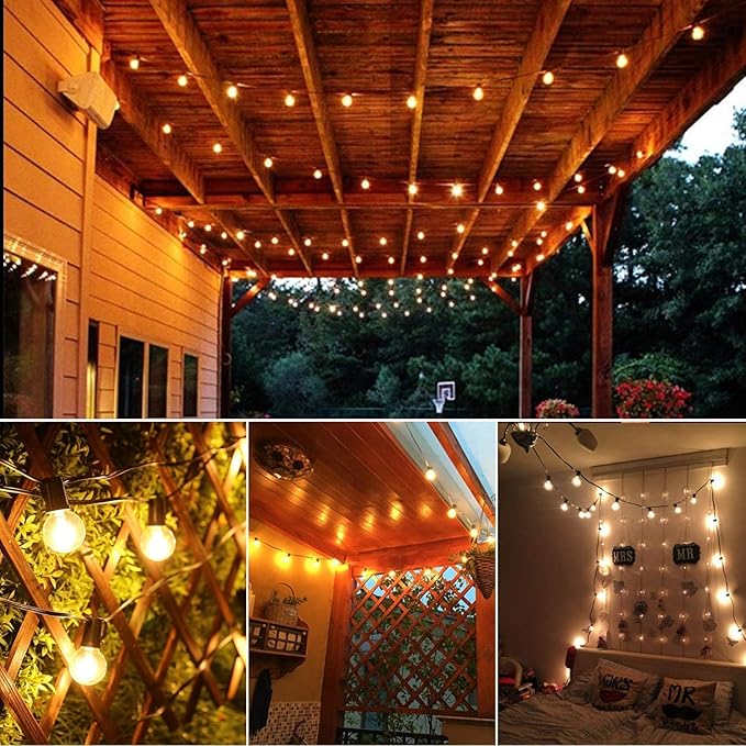 25Ft LED Outdoor String Lights Waterproof, Commercial Grade Patio String Lights with 27 G40 Warm White Bulbs, Hanging Outdoor Light for Backyard Wedding Garden Party Christmas Decorations-Black