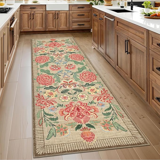GarveeHome Floral 2x6 Washable Kitchen Runner Rugs Non Slip Camel Taupe Brown Vintage Boho Cottage Long Rug for Hallways Bedroom Entryway Bathroom Mat with Rubber Back